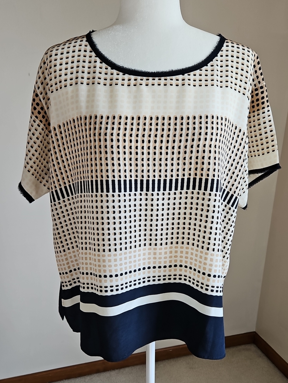 Vince Geo Pattern Silk Blouse Coastal Blue Eyelash Trim SZ M Quiet Luxury